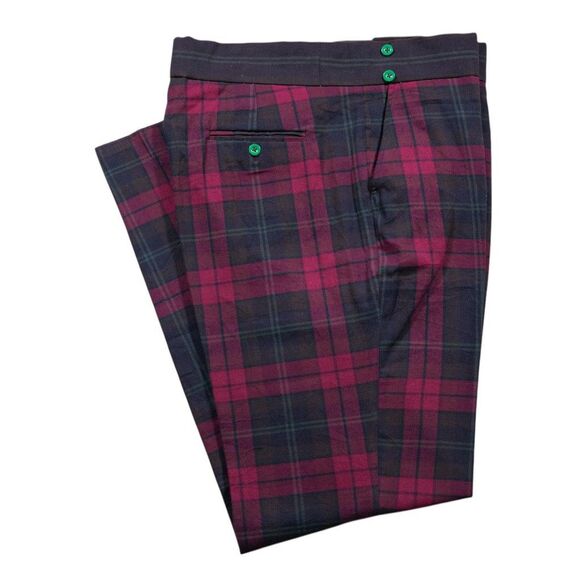 Mens Gurkha Pants 38 Pink Blue Plaid Cotton Trousers Straight Fit Flat Front - Picture 1 of 8